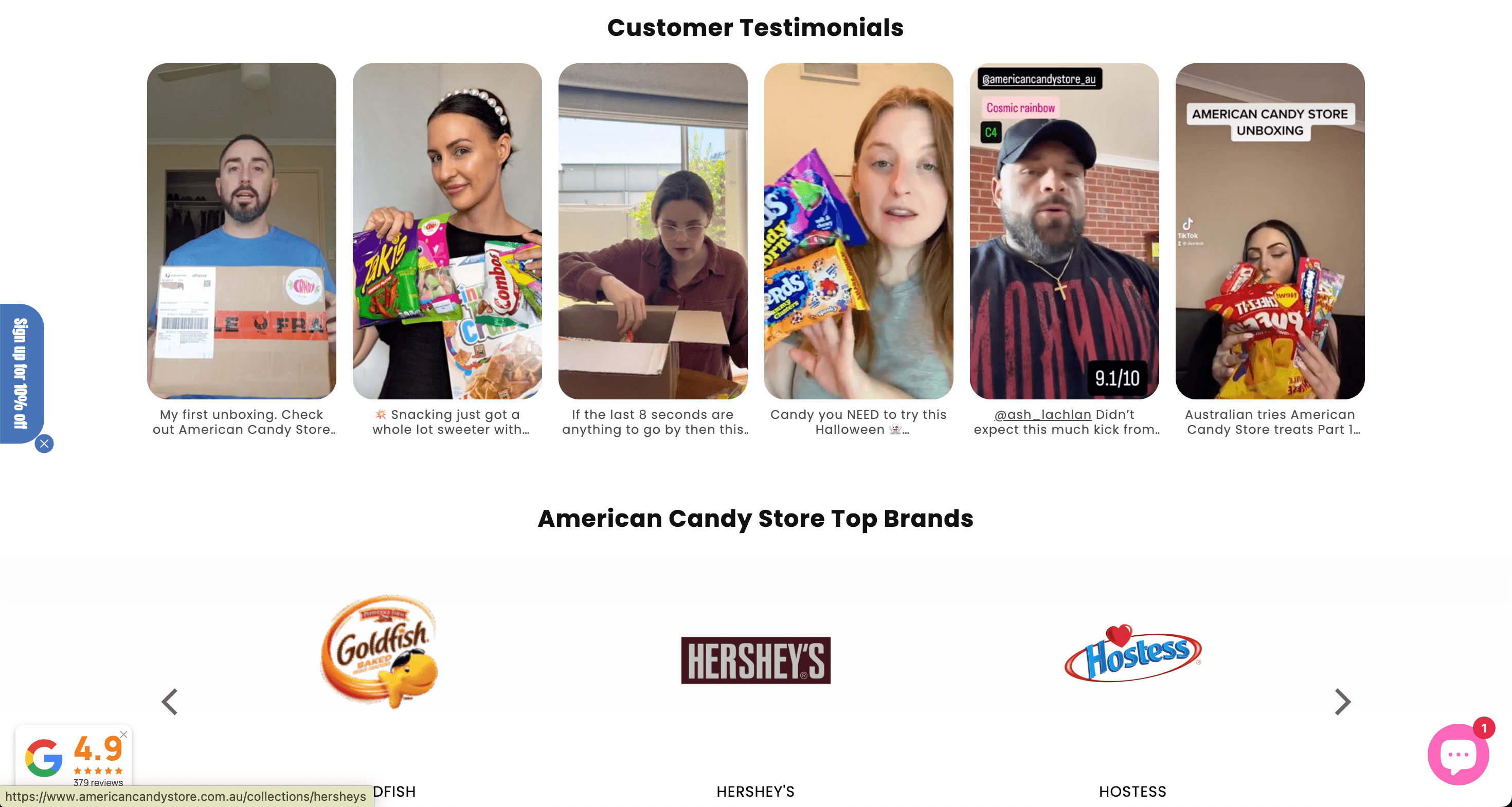American Candy Store shoppable video setup on Shopify using customer testimonials