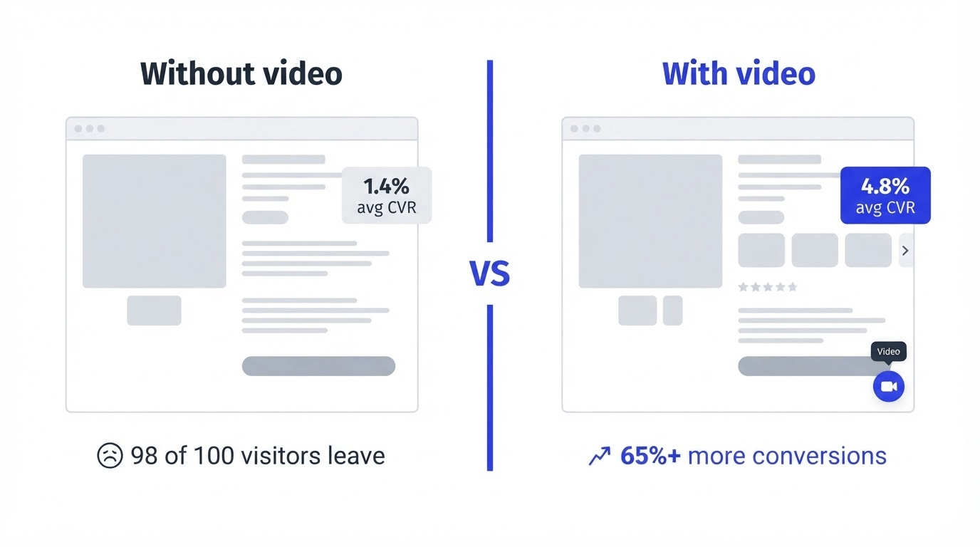 Side-by-side comparison of a Shopify product page without video (1.4% CVR) vs with shoppable video (4.8% CVR)