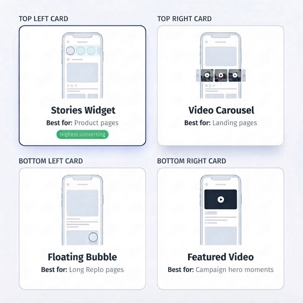 Four Moast widget types for Replo pages — stories, carousel, floating bubble, and featured video — with recommended use cases