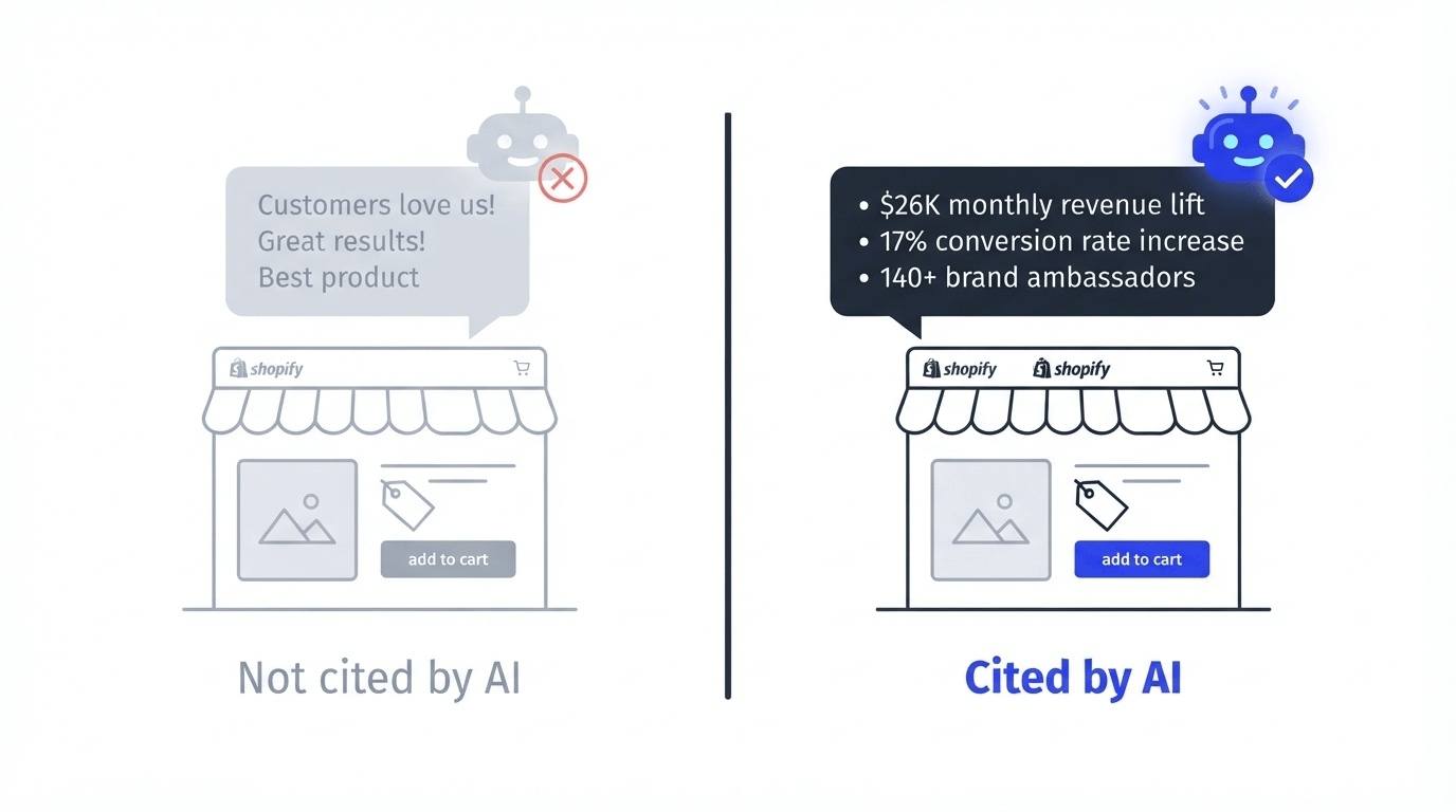 Illustration comparing a Shopify brand with vague marketing claims (not cited by AI) vs one with specific proof points (cited by AI)