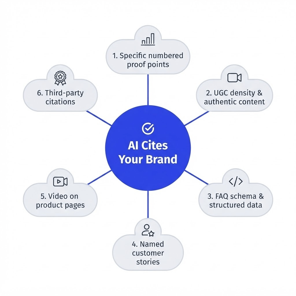 Diagram showing the six signals that determine whether AI recommends a Shopify brand — proof points, UGC, schema, customer stories, video, and third-party citations