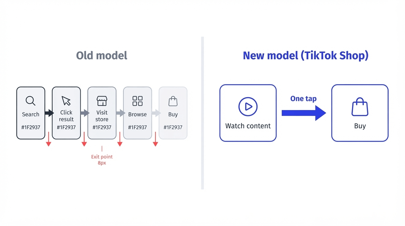Diagram comparing the old five-step ecommerce discovery model with TikTok Shop's two-step content-to-commerce model