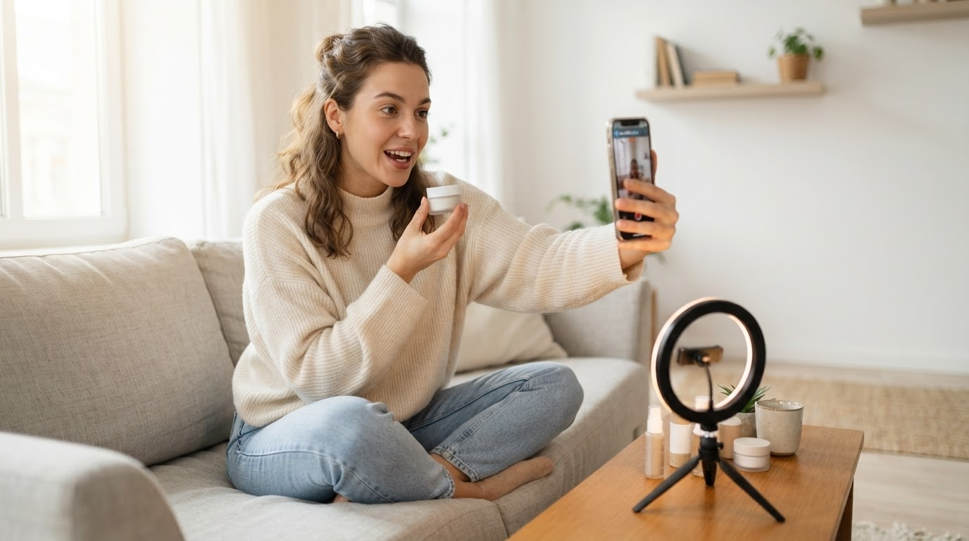 Creator recording a shoppable product video on her phone at home — the TikTok Shop affiliate model in action