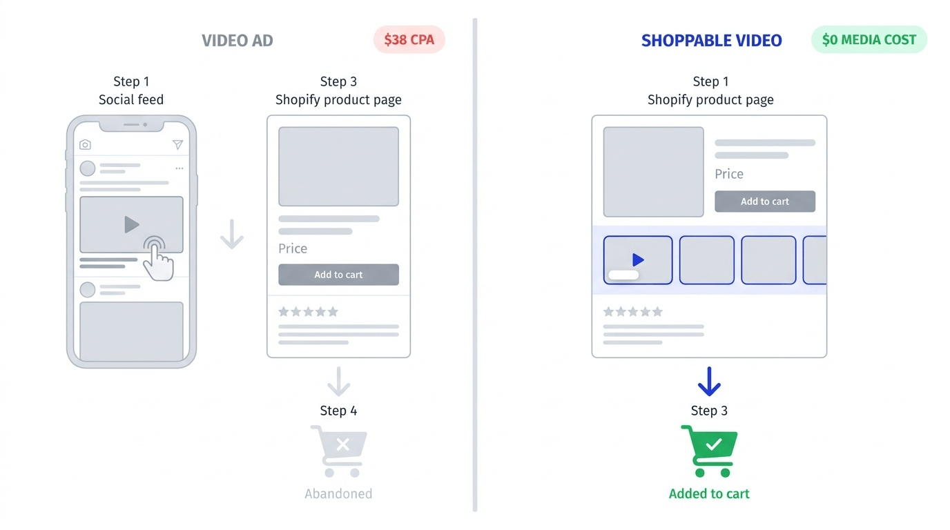 Side-by-side comparison of the video ad journey ($38 CPA) versus shoppable video on a product page ($0 media cost)