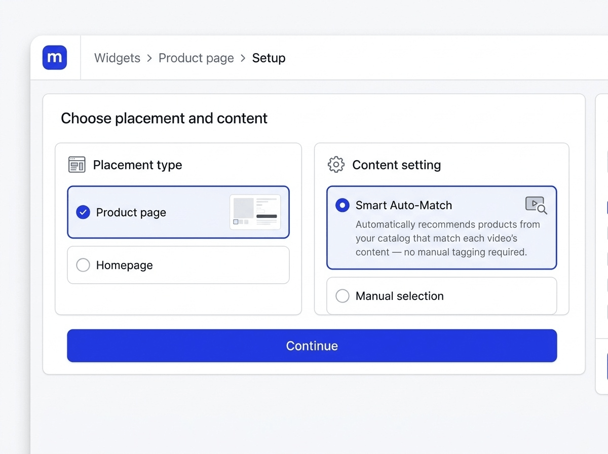 Moast widget builder screenshot showing Smart Auto-Match selected for a product page widget — automatically shows tagged videos on matching product pages