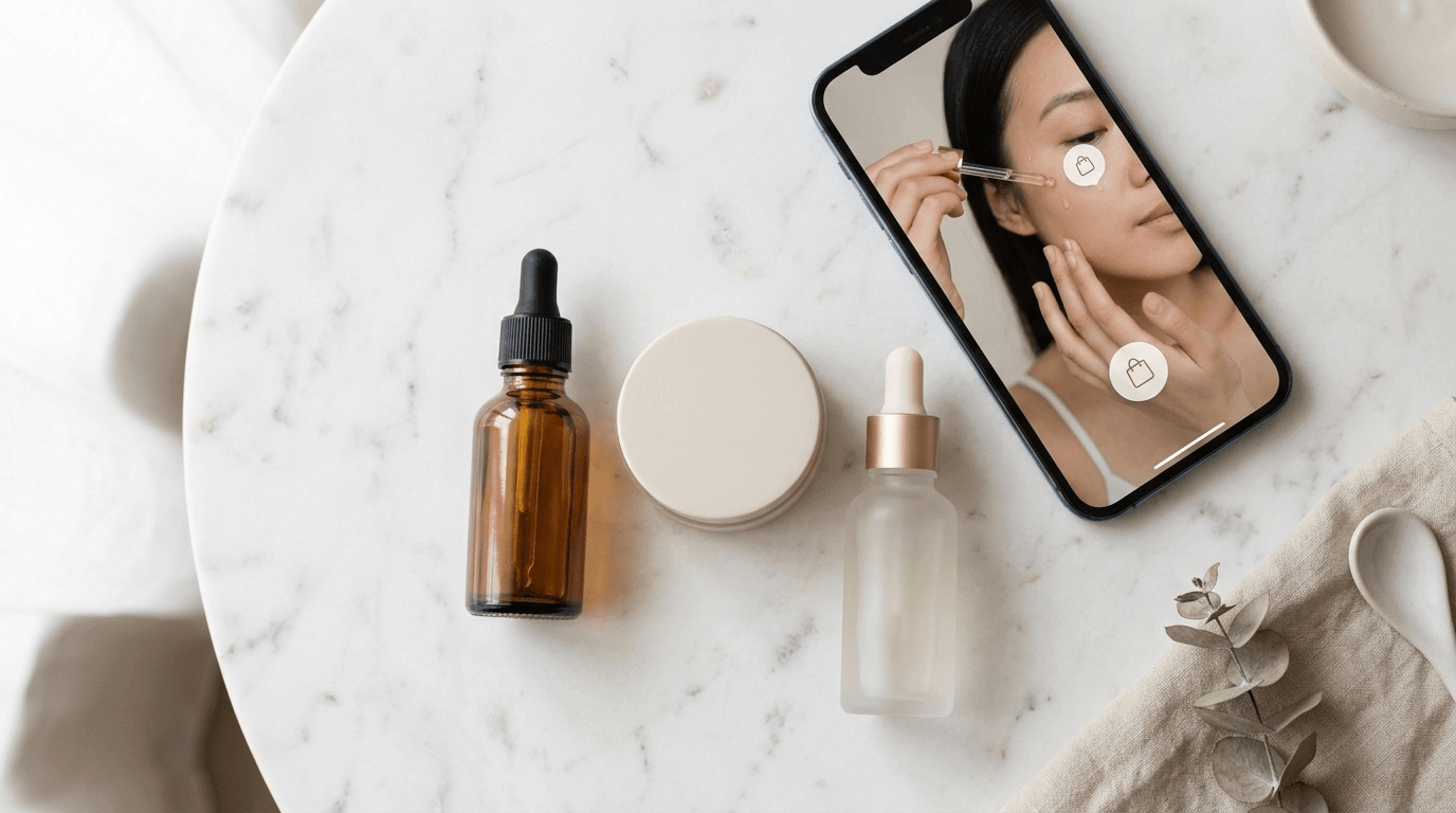 Skincare product bundle flat lay with a shoppable video playing on a smartphone showing tagged products in a routine tutorial