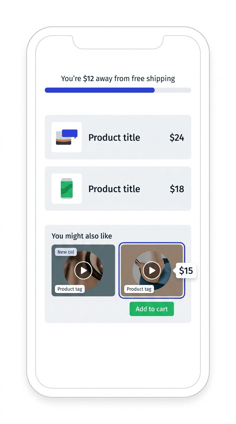 Mobile Shopify cart page showing a free shipping progress bar and a Moast shoppable video widget surfacing a $15 complementary product to cross the threshold