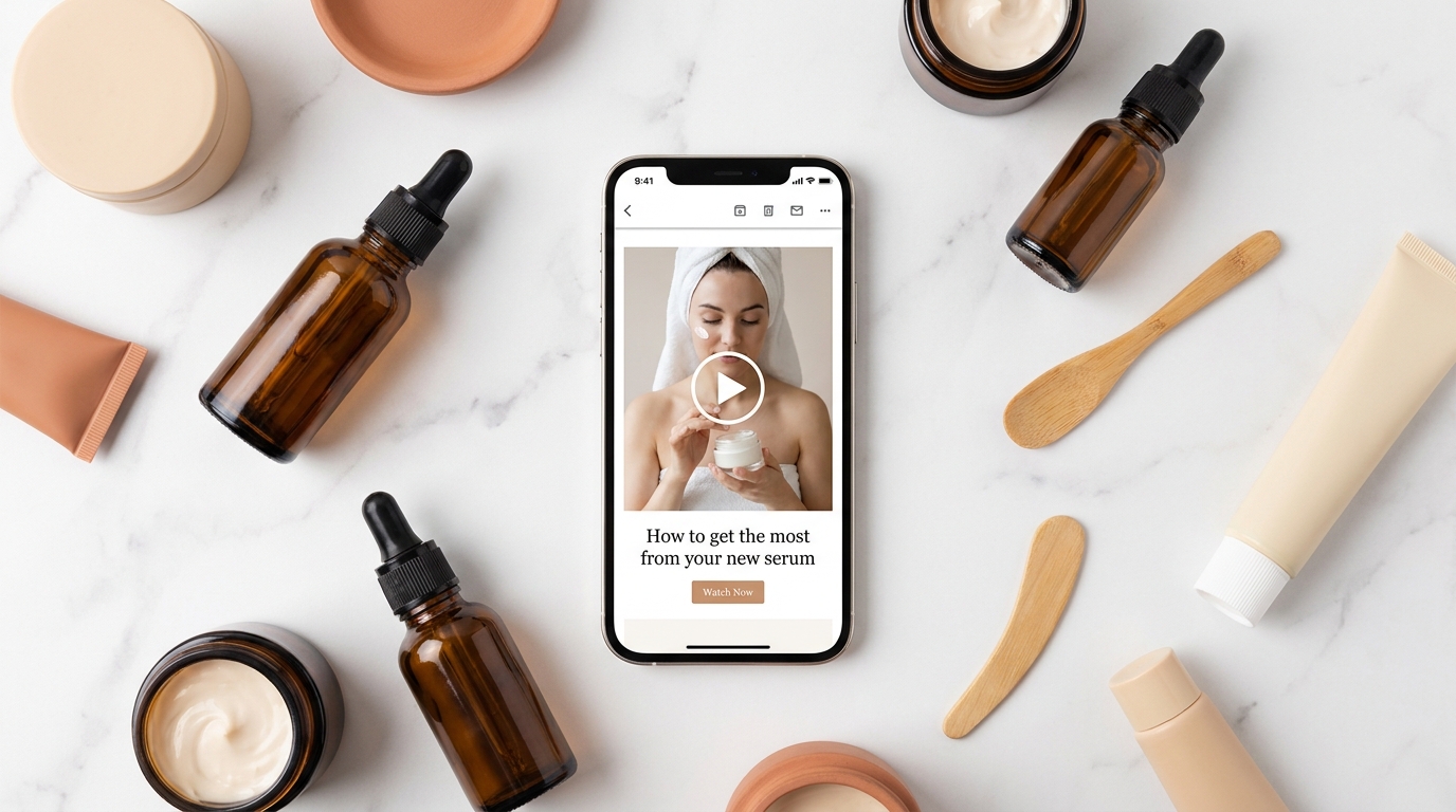 Smartphone showing a post-purchase video email sequence for a skincare brand with a video thumbnail and play button