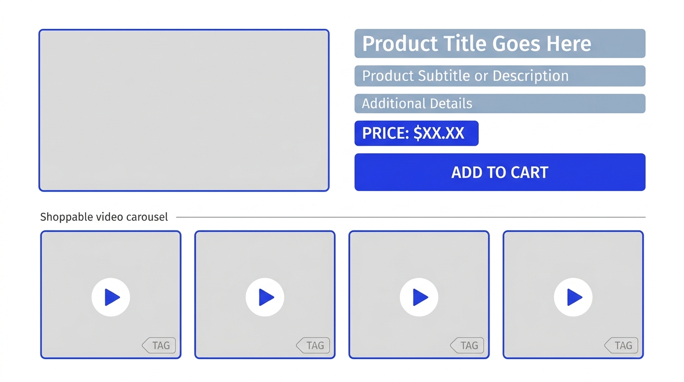 Wireframe of a Shopify product page showing where a shoppable video carousel with product tags sits below the fold