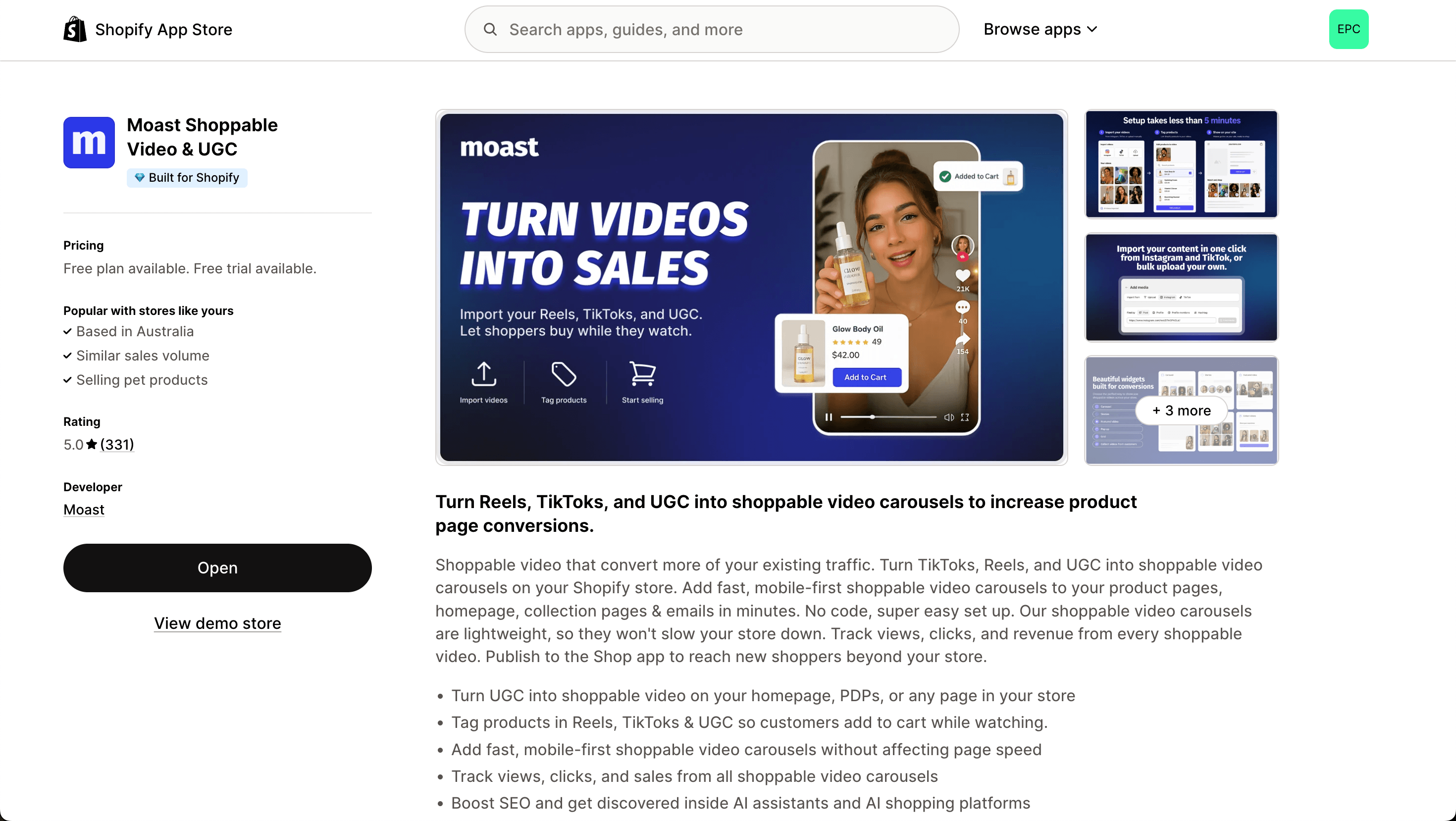 Moast shoppable video shopify app