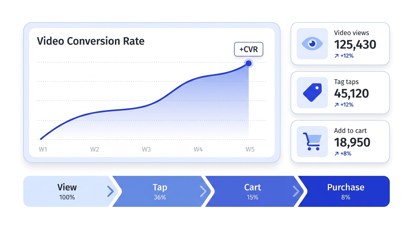 Modern flat design analytics dashboard showing the video conversion funnel from view to product tag tap to add to cart to purchase