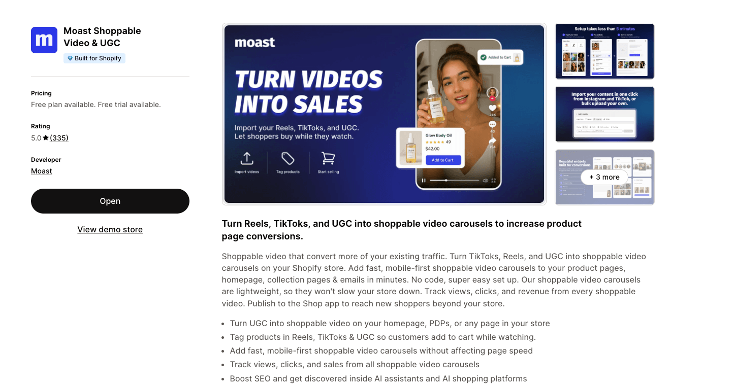 A screenshot of the Moast Shoppable Video app