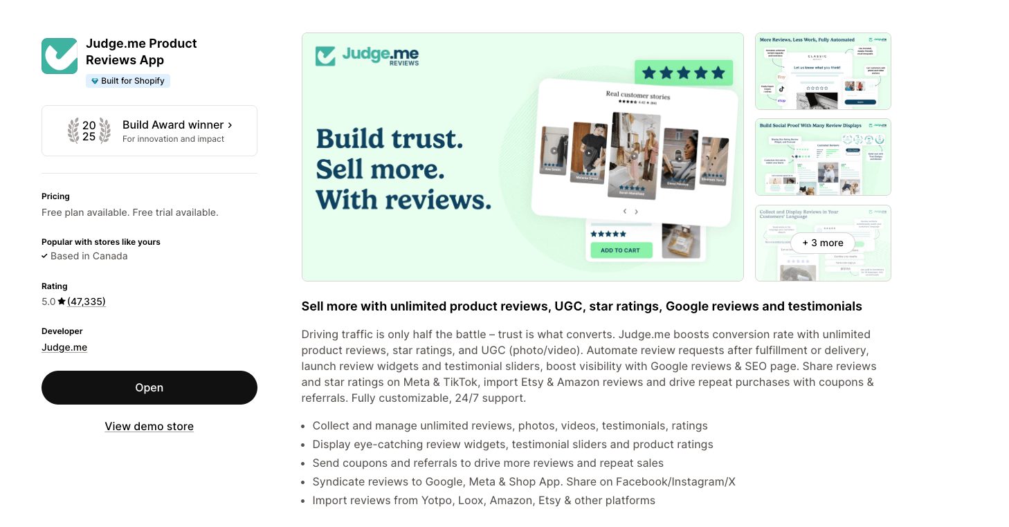 A screesnhot of the JudgeMe shopify reviews app