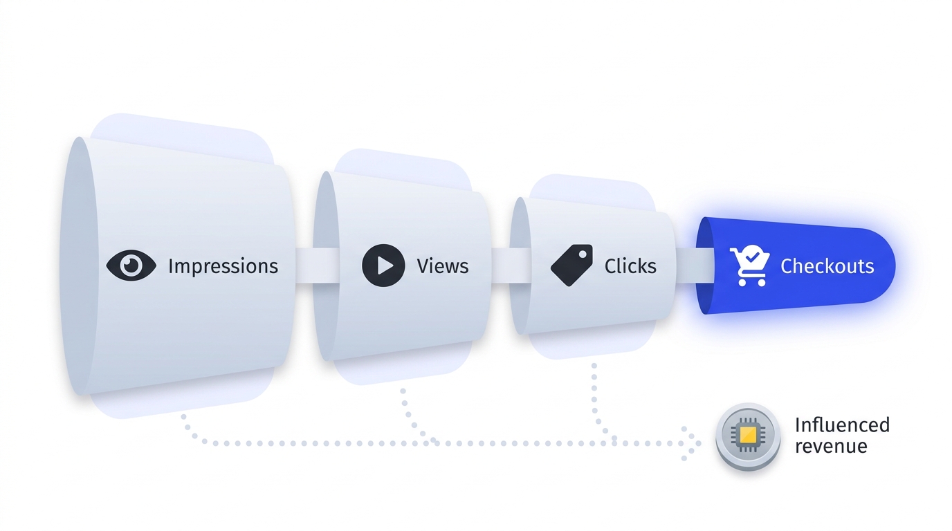 Modern flat design funnel from video impressions to views, product clicks, checkouts, and influenced revenue