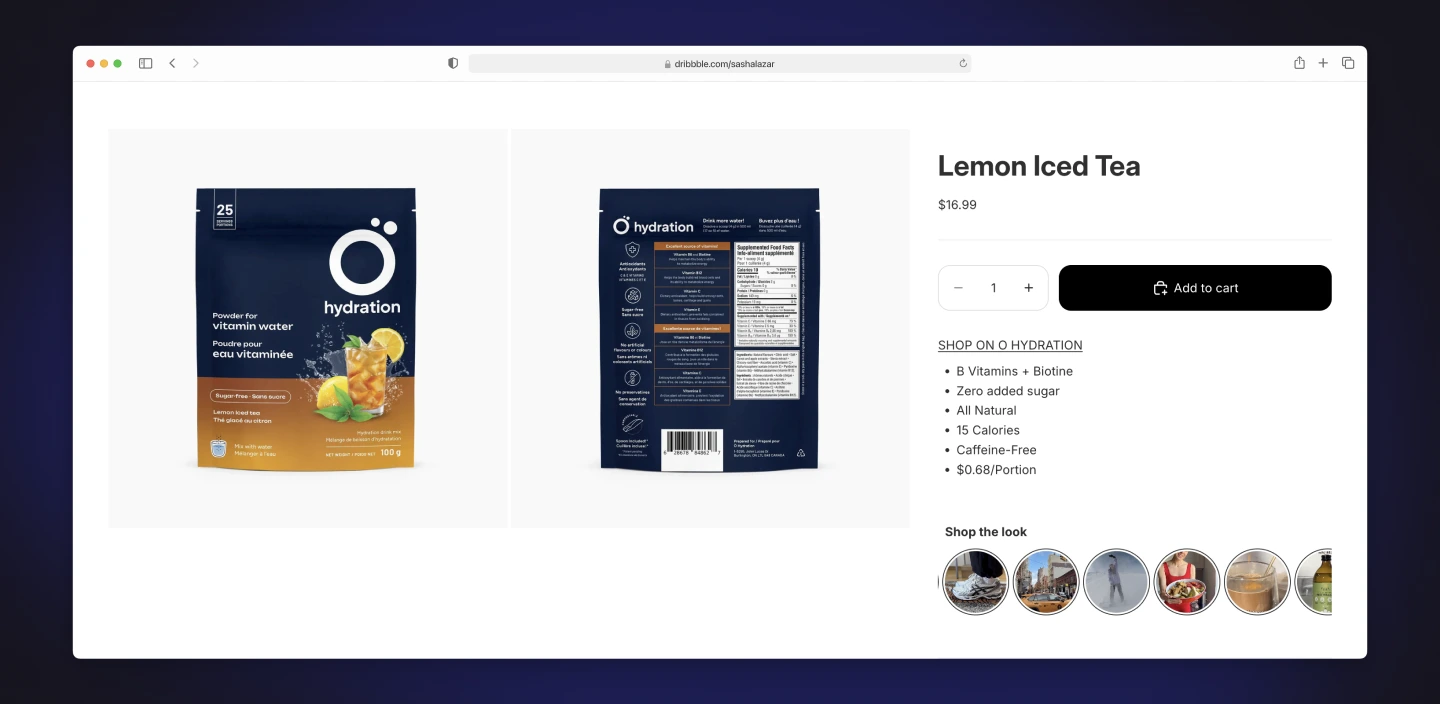 Hydration lemon-flavored vitamin water powder packet front and back