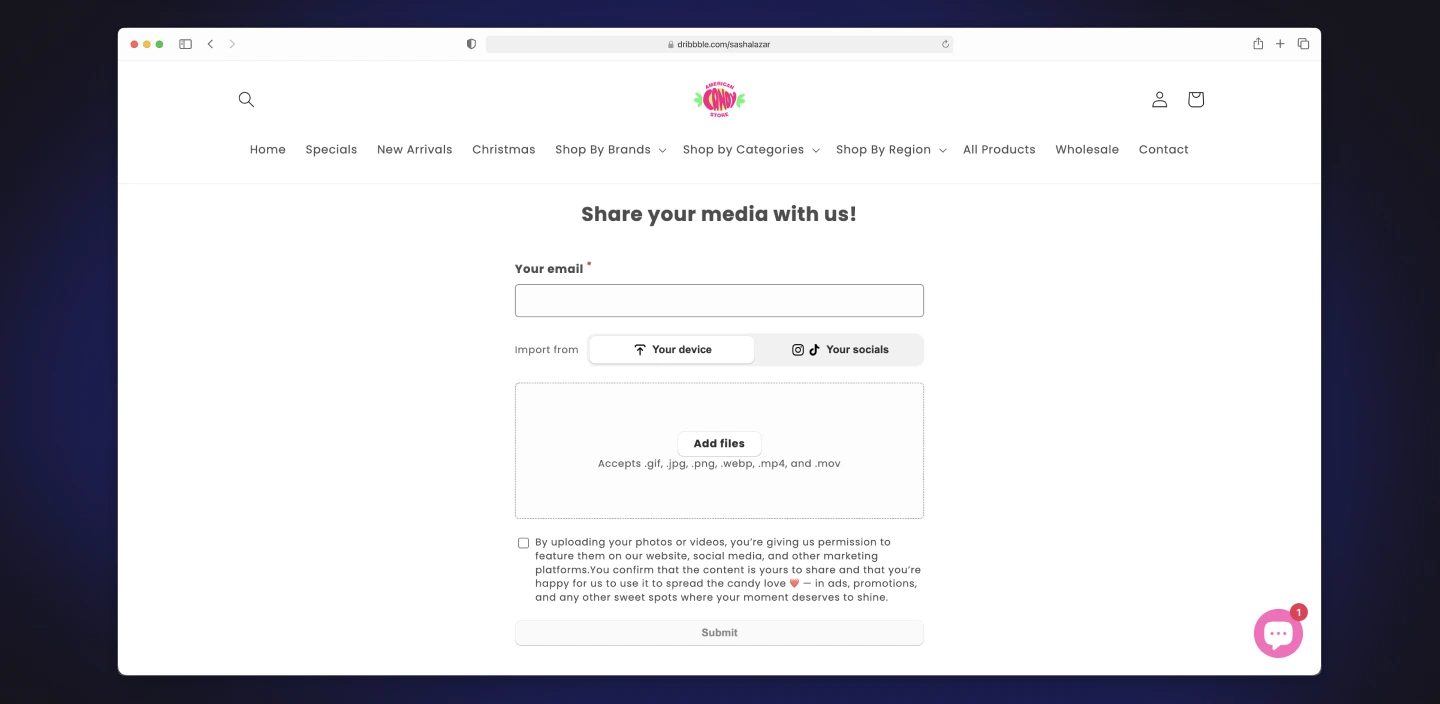 Media upload page with email input and file upload options
