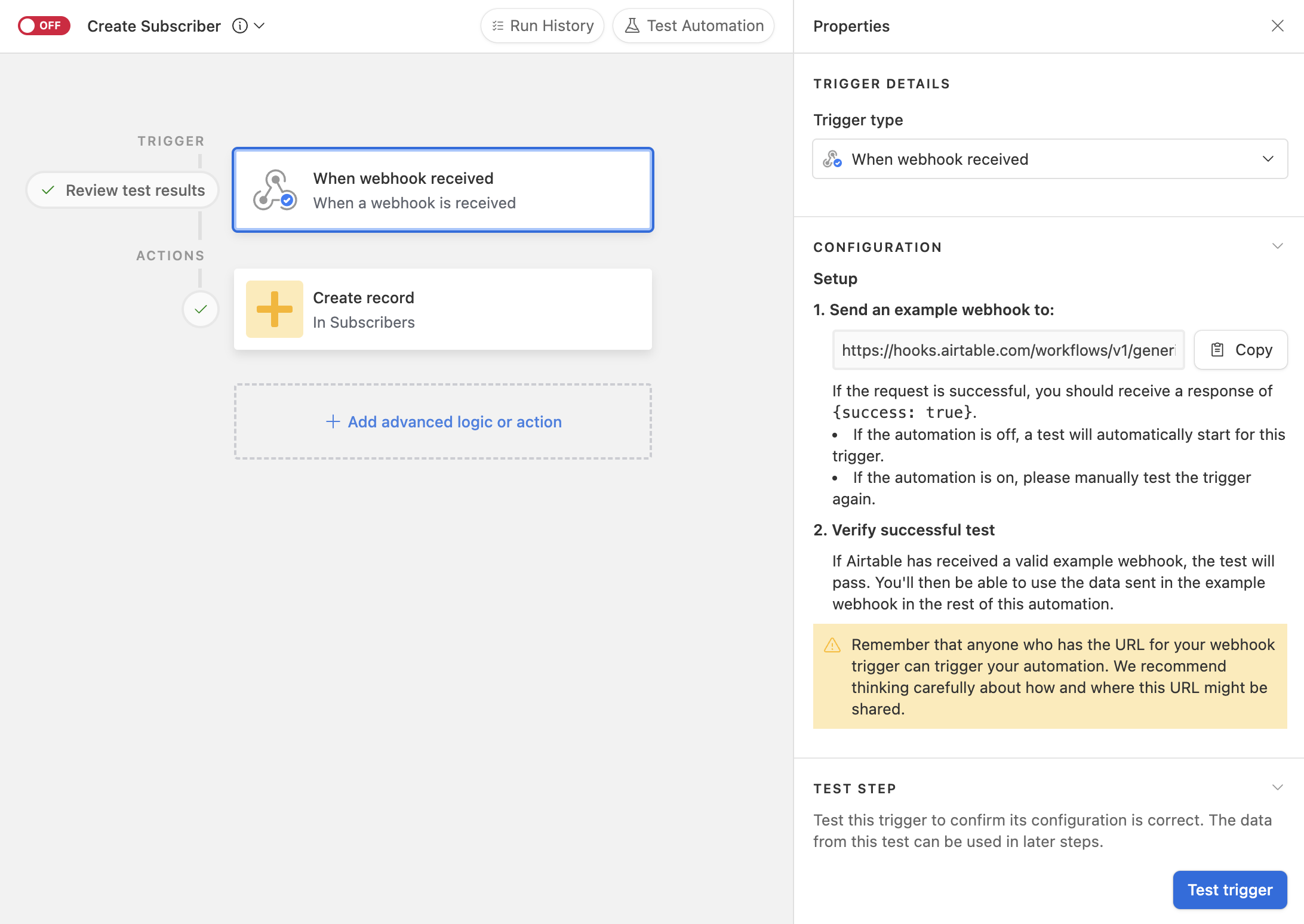 Create Airtable automatin with a "When webhook received" trigger