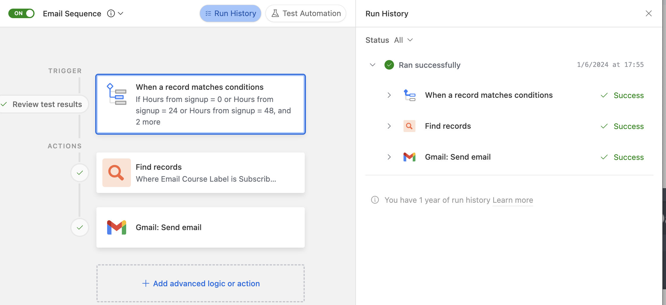 Check the automation Run history for the status and errors.