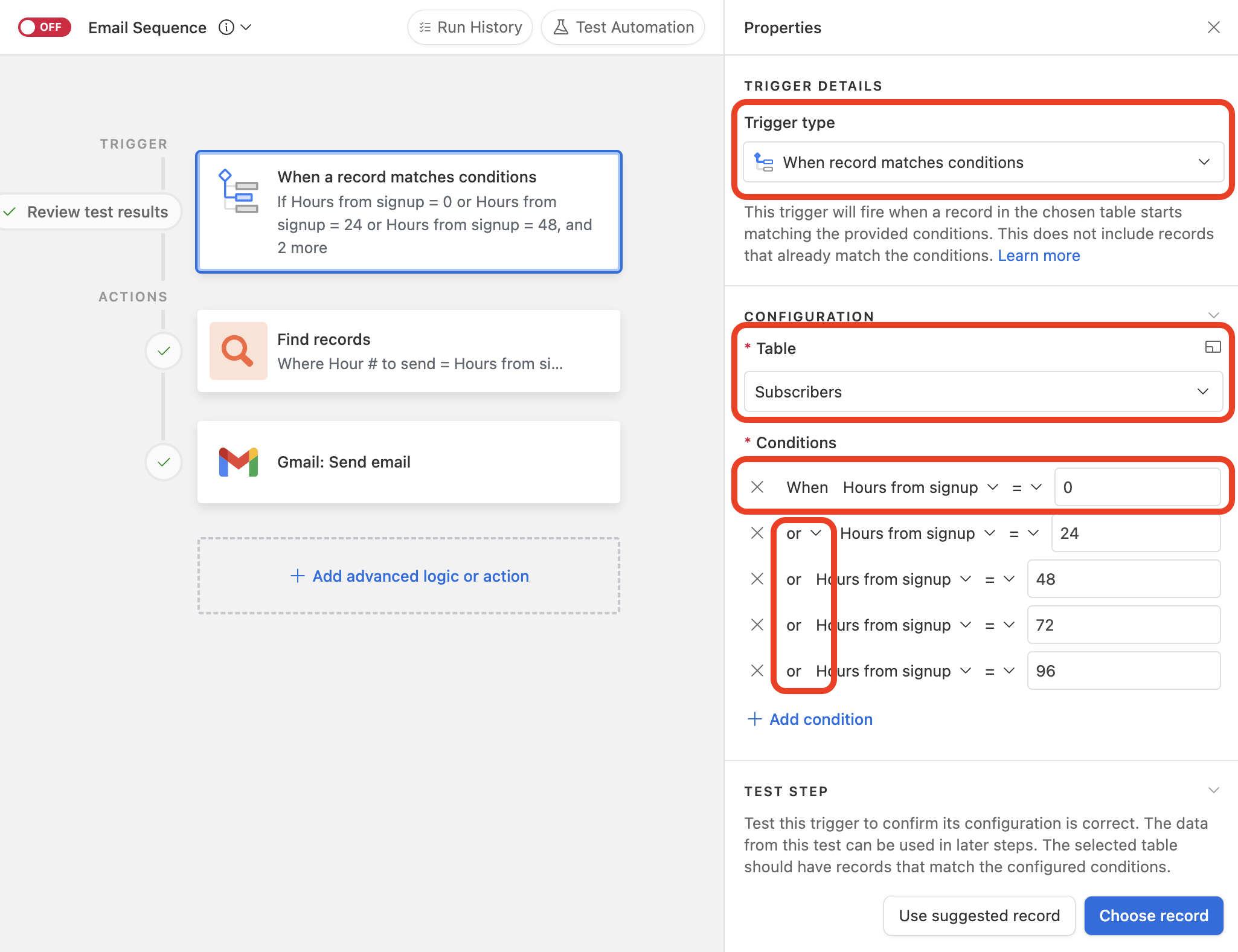 Create an Airtable automation to check if it is the right time to send an email