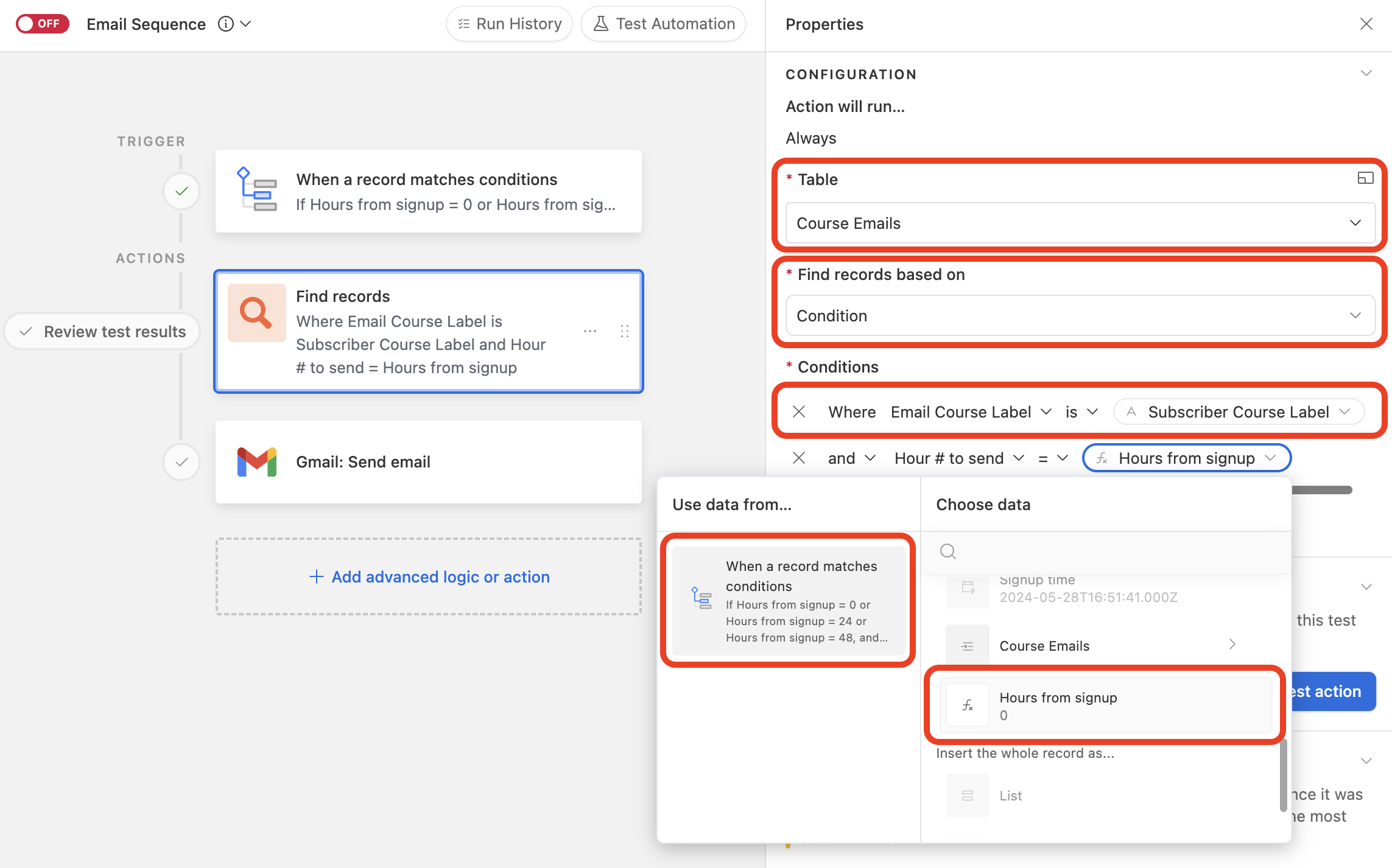 Find an email from Course Emails table to send according to the schedule conditions