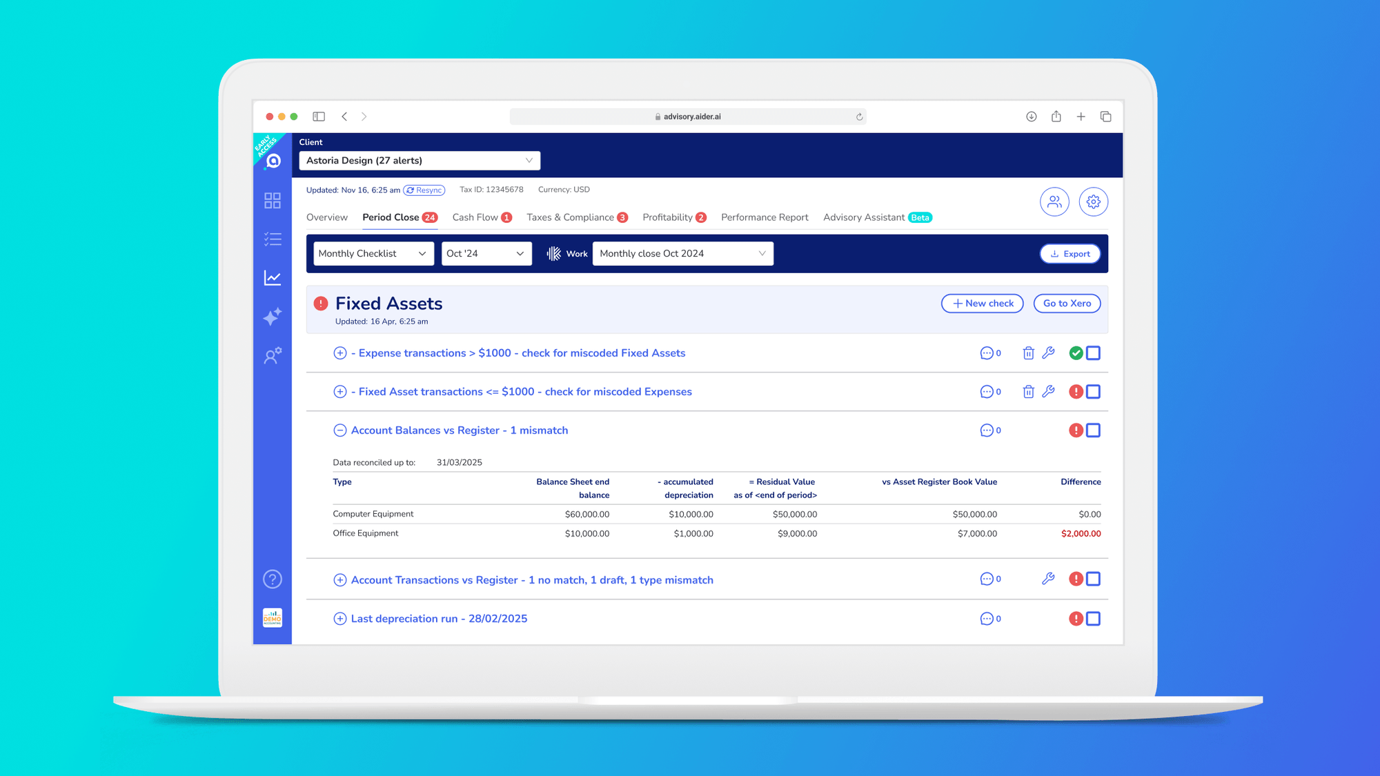 Improved Fixed Assets & Depreciation alerts - Aider product update
