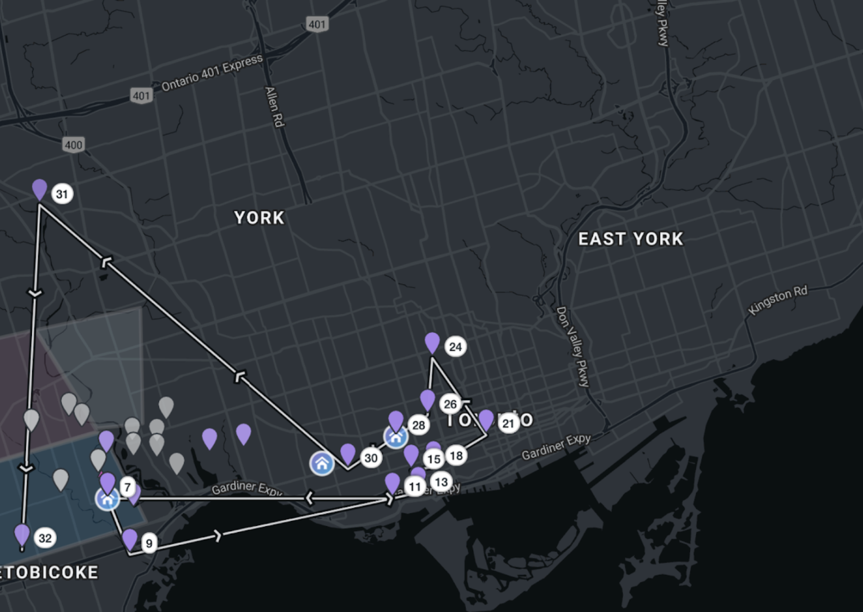 Route optimization map showing delivery routes across Toronto