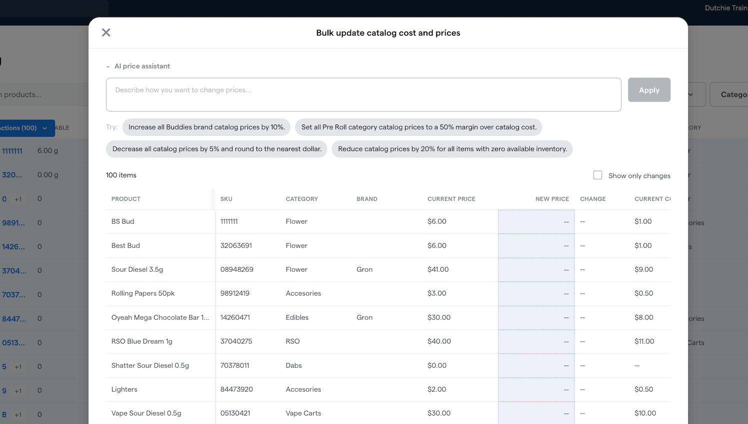 Bulk update catalog cost and prices modal with AI price assistant