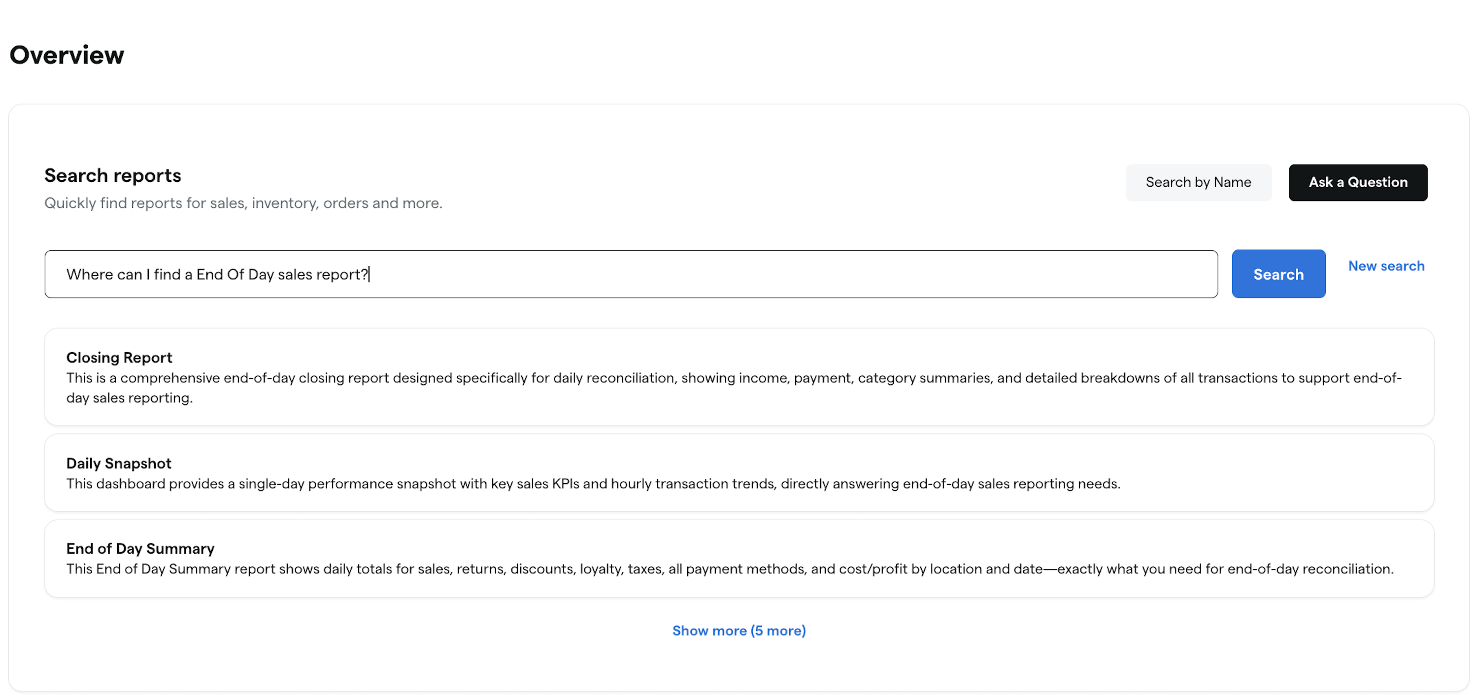 Reports Overview with AI-driven search and recommendations