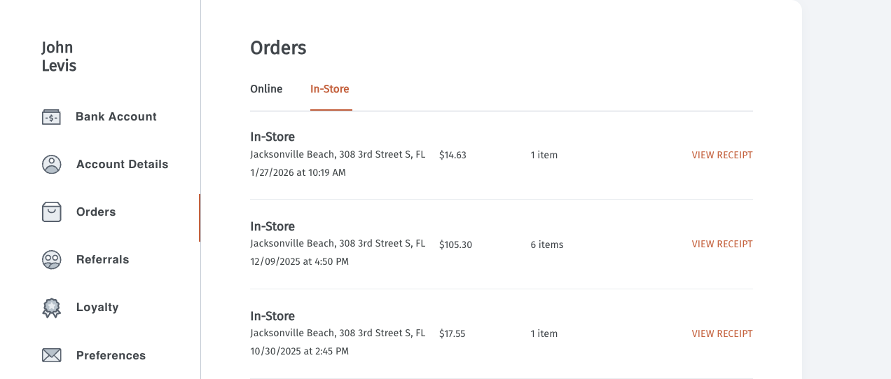 Unified order history showing in-store purchases