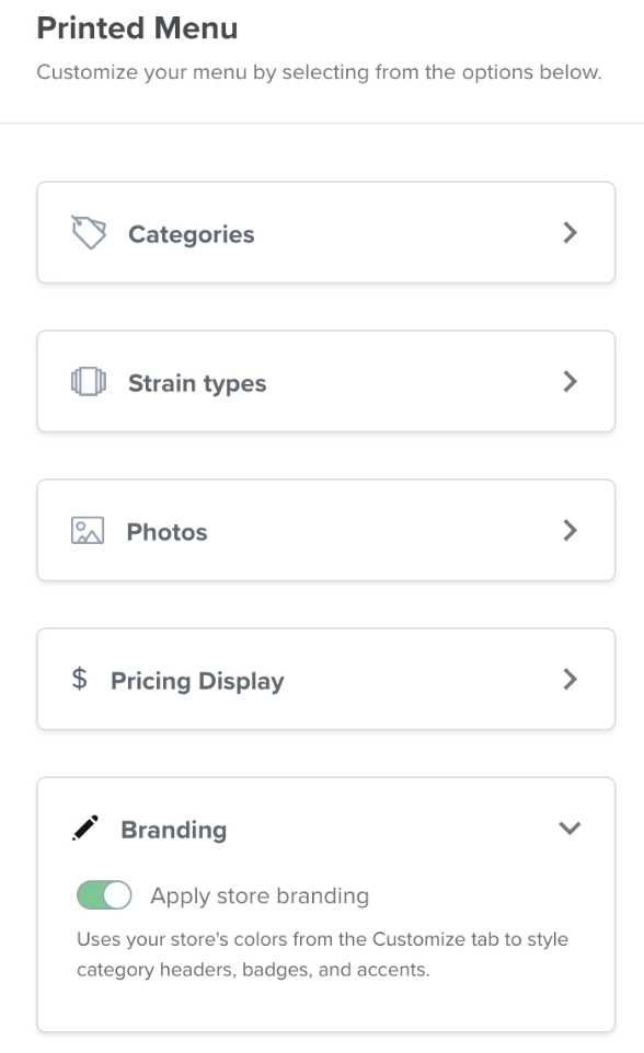 Printed Menu Branding controls with Apply store branding toggle