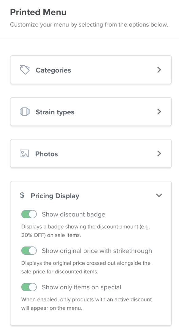 Printed Menu Pricing Display controls with discount badge and strikethrough toggles