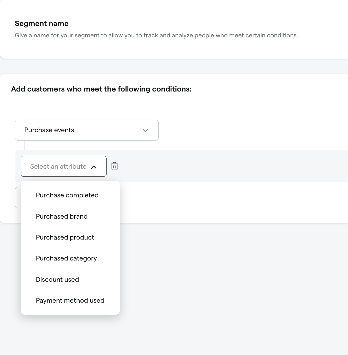 Create segment with Purchase events attribute options