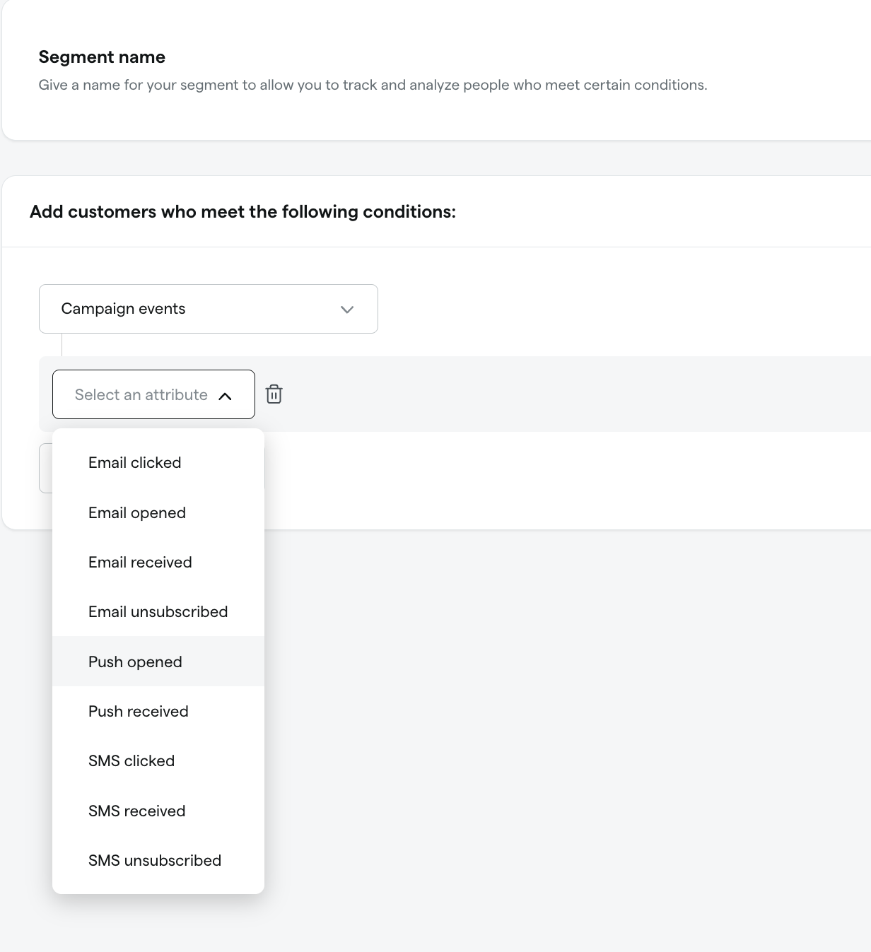 Create segment with Campaign events attribute options