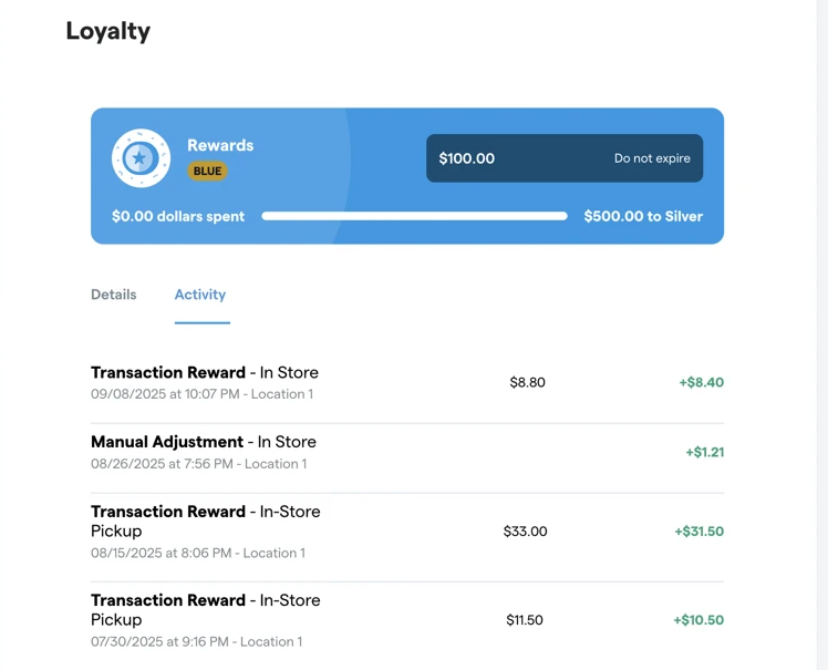 Loyalty history showing transaction rewards, manual adjustments, and point balances