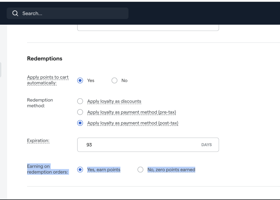 Loyalty redemption settings with earning on redemption orders toggle