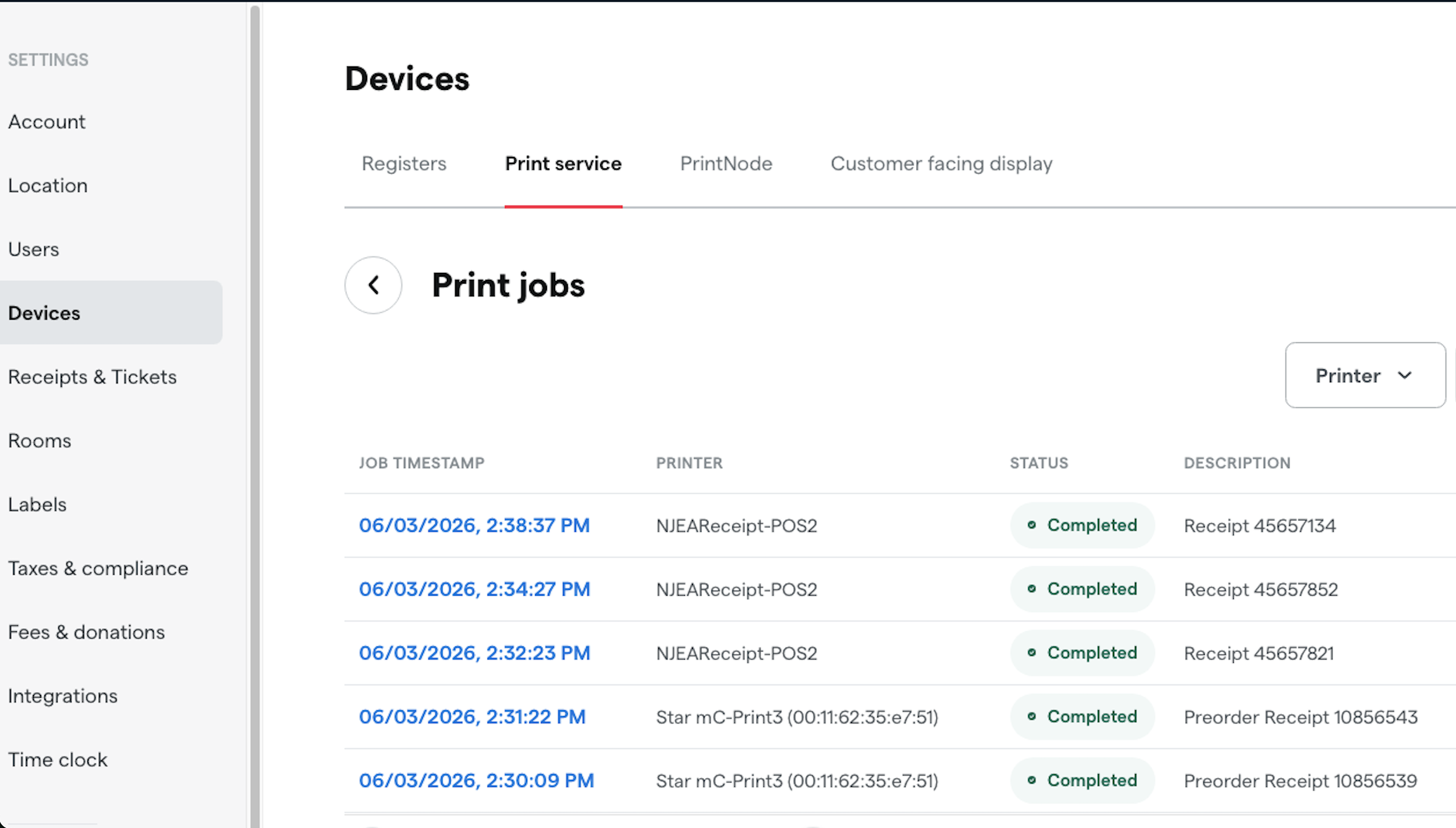 Cloud Print print jobs dashboard showing completed receipt and label print jobs