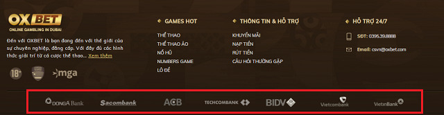 OXBET hỗ trợ người chơi rút tiền thông qua các ngân hàng