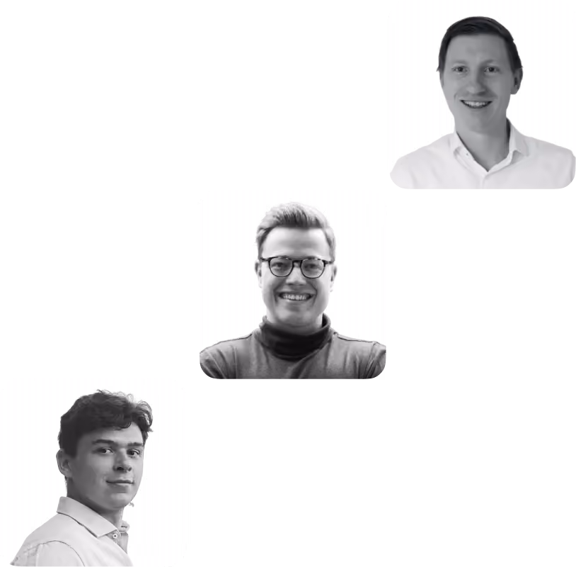Three black-and-white headshots arranged in a triangle: a smiling woman with long hair in a white blazer top right, a smiling man with light hair and a black top center, and a smiling man with glasses and a dark turtleneck bottom left.