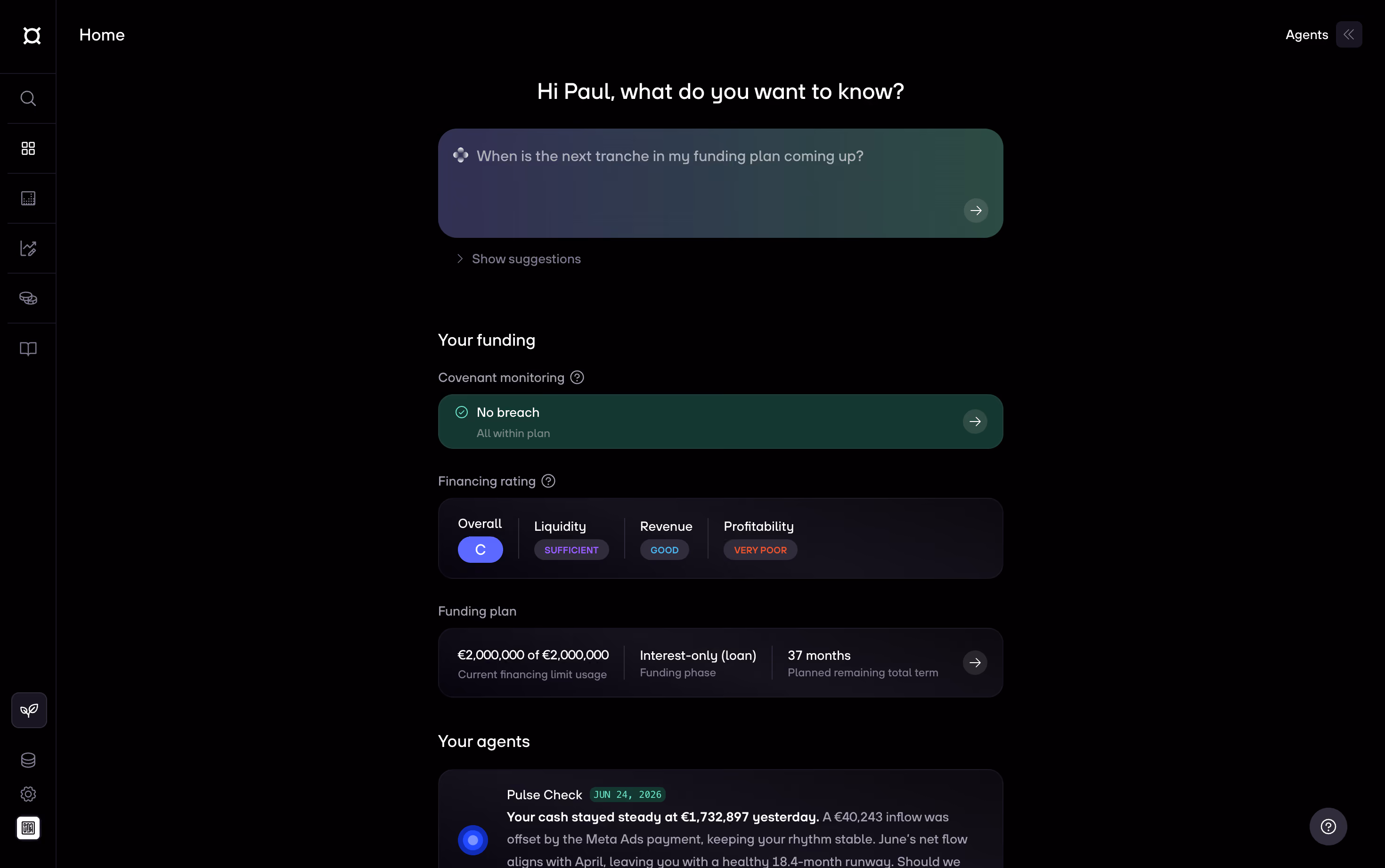 Dark-themed financial dashboard showing funding plan, bridge to profitability details, a line graph of additional cash by re:cap over time, covenant monitoring status, financing rating with liquidity, revenue and profitability indicators, and a contact section for questions.