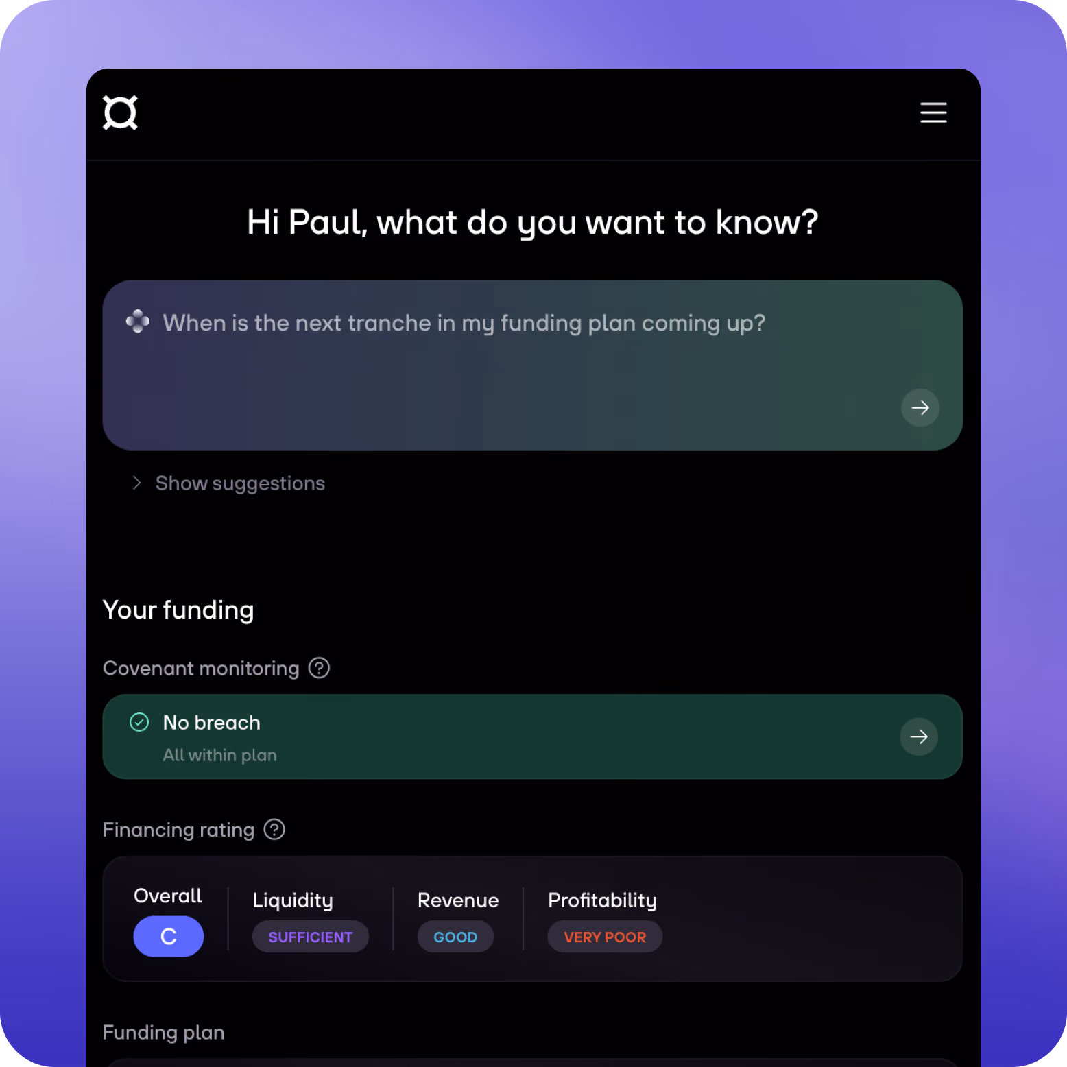 Financial app screen showing a funding plan summary with use case 'Bridge to profitability', 24 months term, €200,000 current financing usage, and €24,093 expected costs.