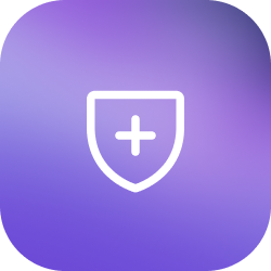 White shield with a plus sign inside on a purple rounded square background, symbolizing security or protection.