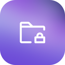 White folder icon with a lock symbol on a purple rounded square background.