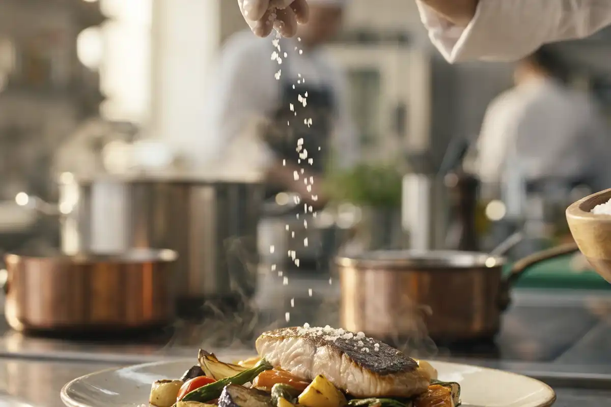 Sea salt being sprinkled over a dish in a professional kitchen