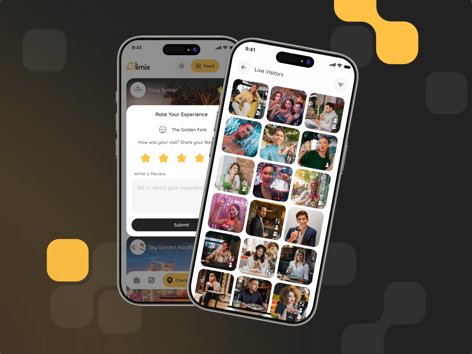 Two smartphones showing Glimix app screens—‘Rate Your Experience’ review with star rating and a ‘Live Visitors’ photo grid—on a dark background with yellow accents.