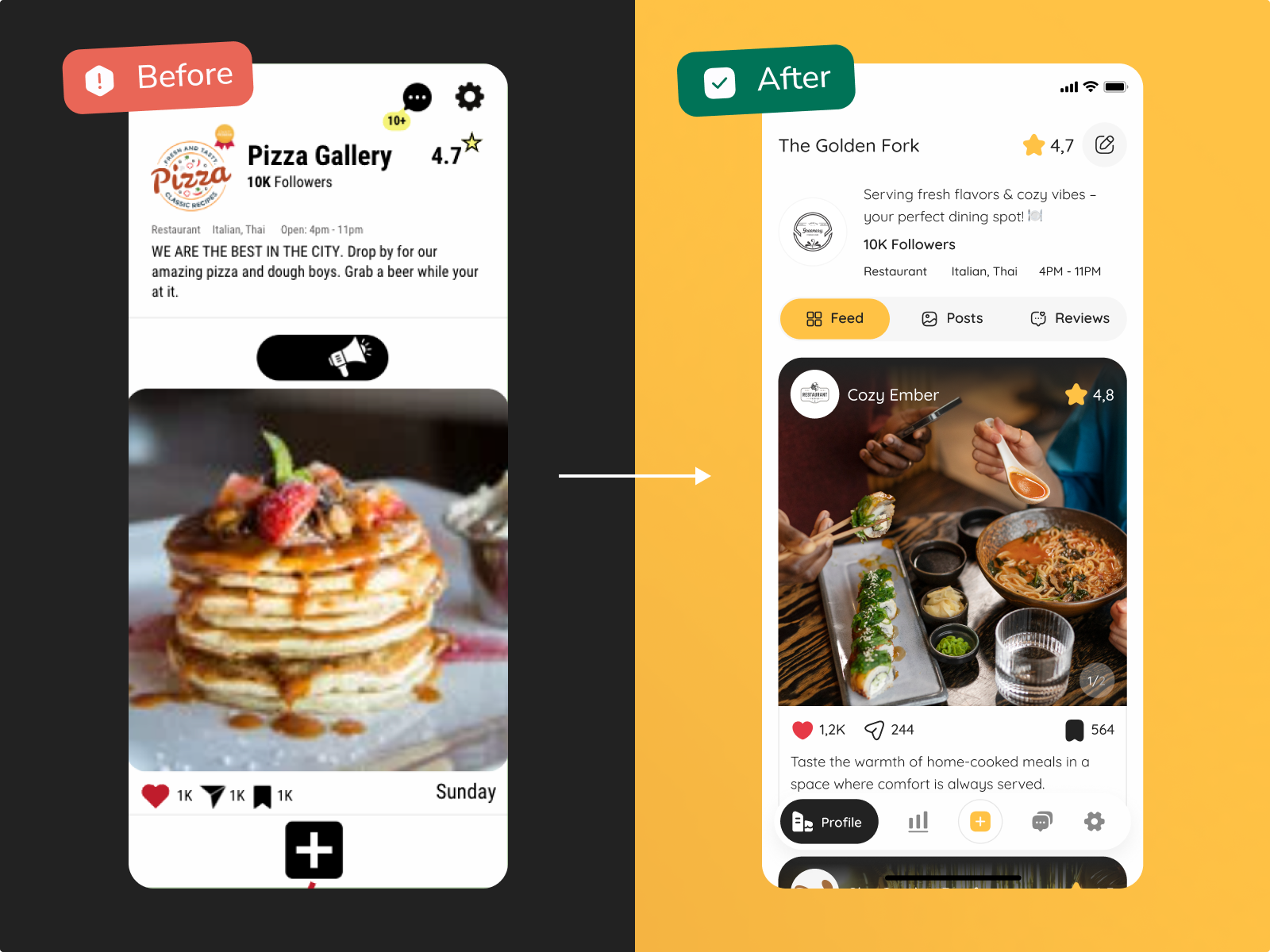 Before-and-after comparison of a restaurant app UI: older ‘Pizza Gallery’ screen vs. redesigned ‘The Golden Fork’ feed.
