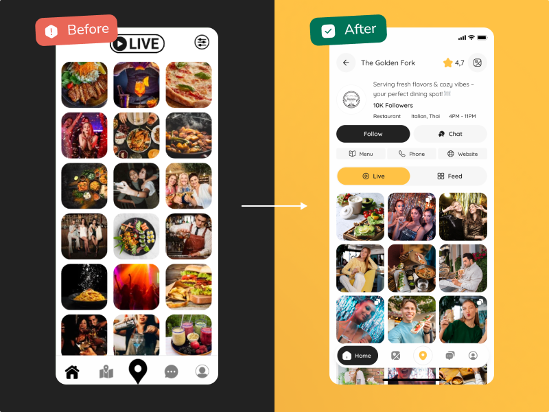 Before-and-after comparison of a food app: old photo grid screen vs. redesigned restaurant profile with header, Follow/Chat actions, and ‘Live’/‘Feed’ tabs.