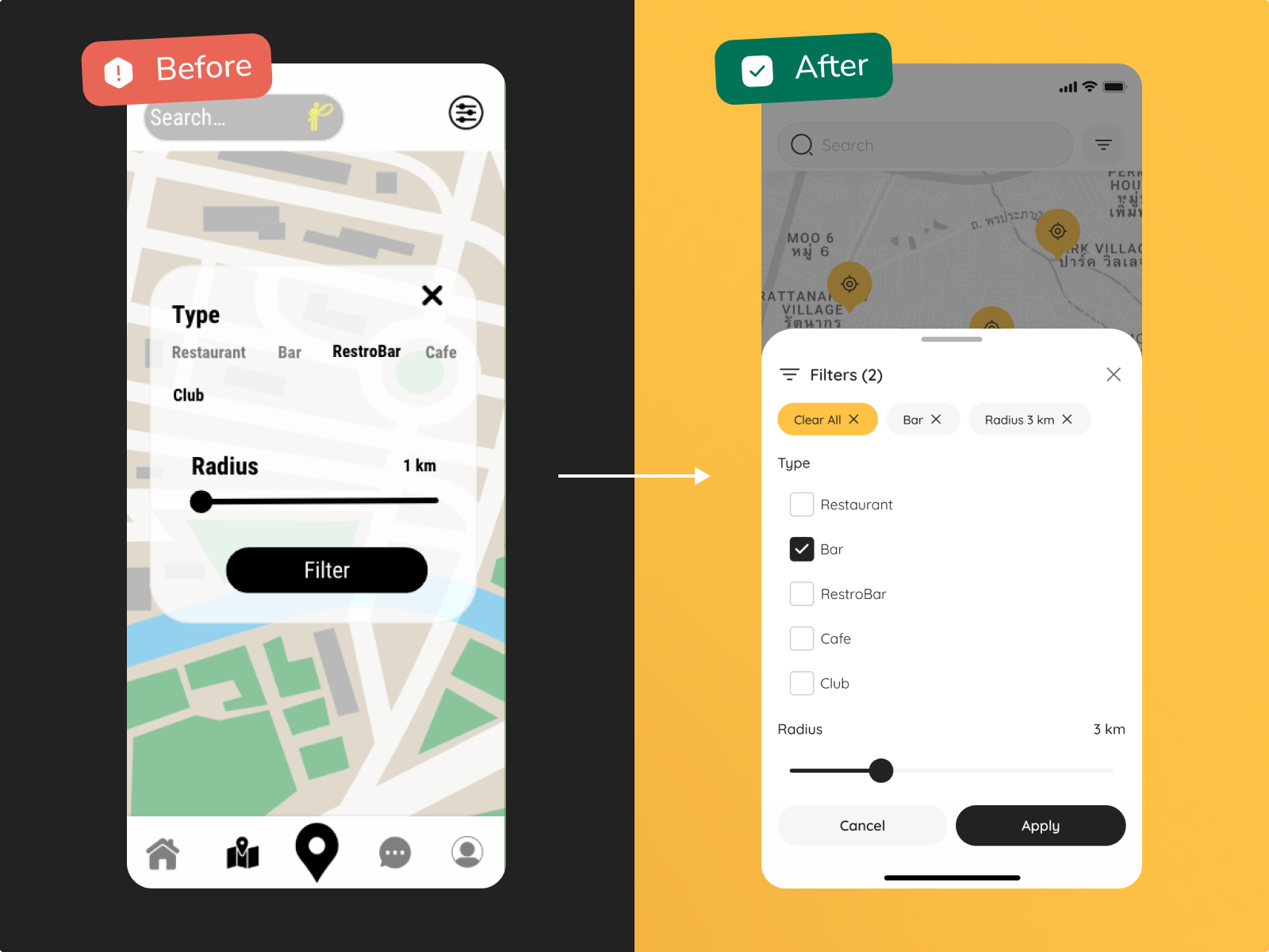 Before-and-after of a map filter UI: old inline panel vs. redesigned bottom sheet with type chips, checkboxes, radius slider, and Apply/Cancel.
