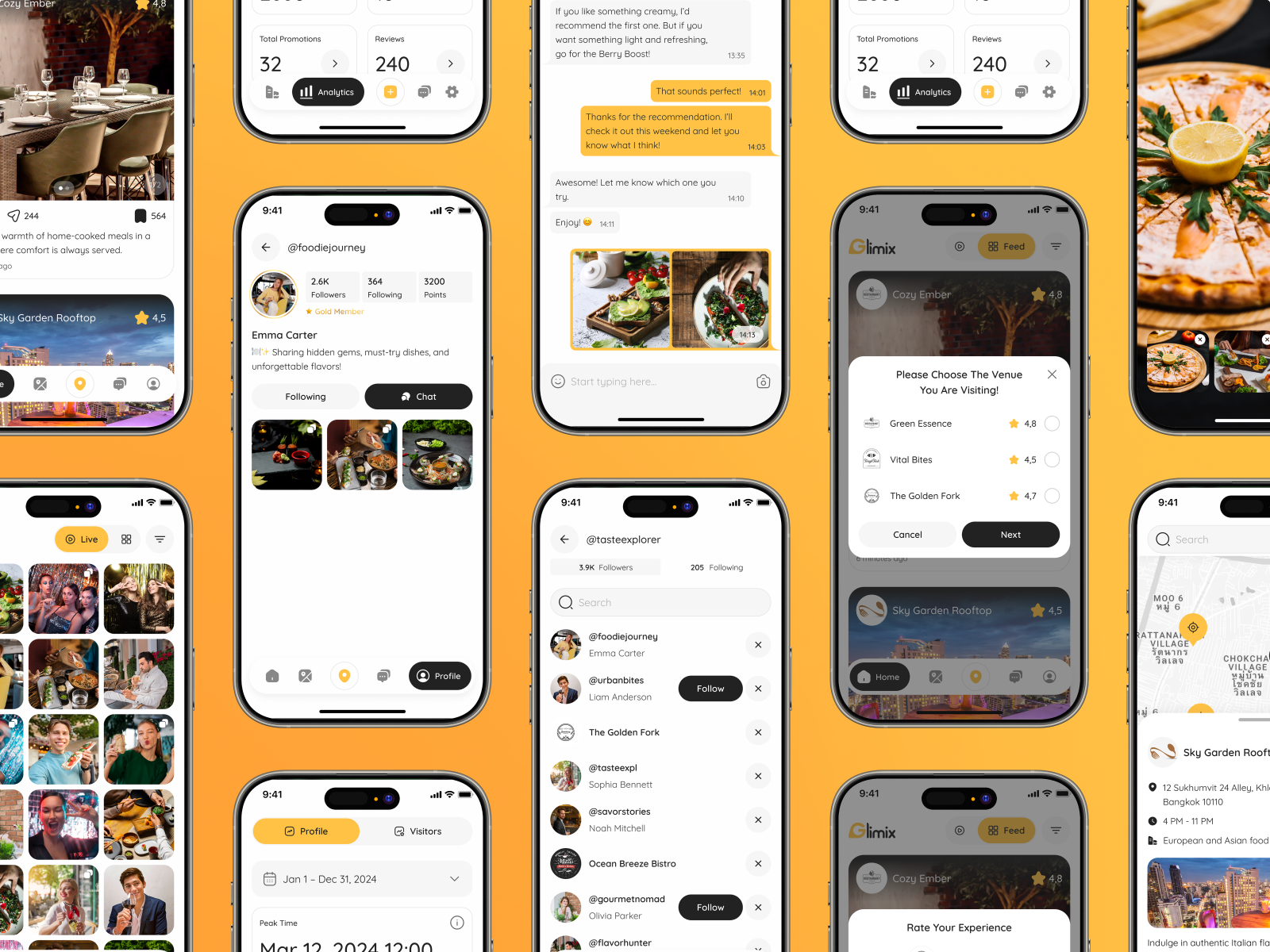Collage of multiple iPhone screens showcasing the Glimix app—feed, profiles, chat, analytics, live grid, and maps—on an orange background.