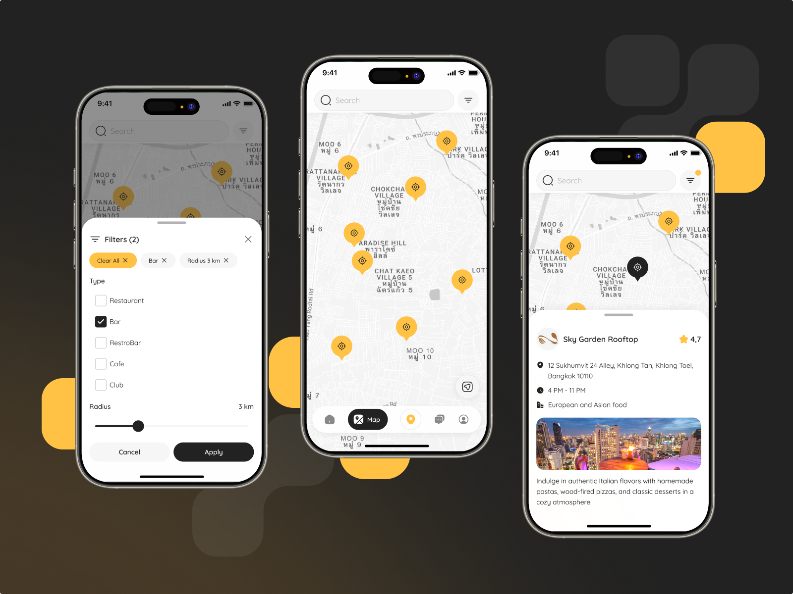 Three smartphone screens of a maps flow: filters bottom sheet, map with yellow pins, and a venue details card.