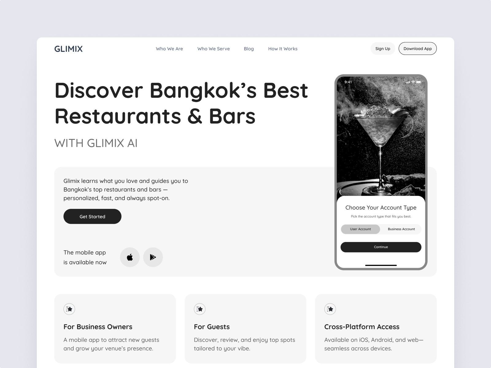Glimix homepage hero: ‘Discover Bangkok’s Best Restaurants & Bars’ with phone mockup and call-to-action buttons.